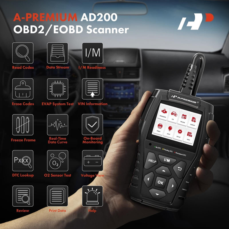 A-Premium AD200 Professional OBD2 Scanner Car Diagnostic Tool, OBDII EOBD Code Reader, Enhanced Check Car Engine Light Diagnostic Scan Tool, Upgraded Fault Code Scanner for All Vehicles from 1996 Upgraded Scan Tool AD200