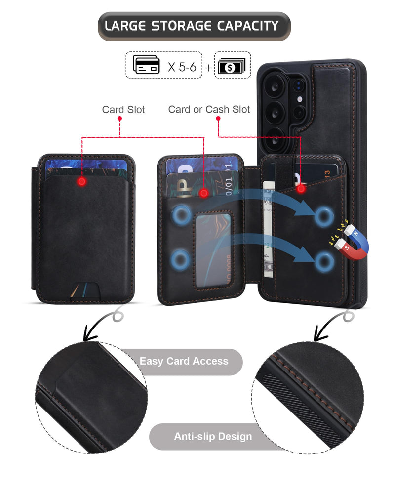 Magnetic Detachable Wallet Case for Samsung Galaxy S23 Ultra with Kickstand,2-in-1 MagSafe Compatible RFID Blocking Card Holder,Slim PU Leather Cover Black