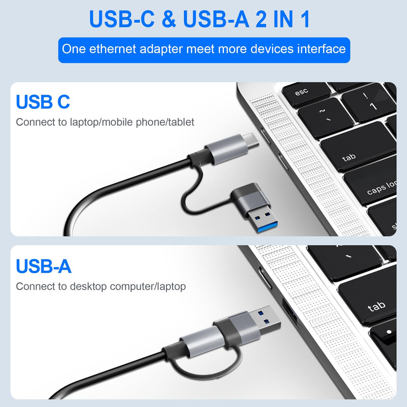 USB C USB 3.0 to Ethernet Adapter, 5 in 2 Gigabit USB Ethernet Hub for Laptop with 4-Port USB-A 3.0 and USBC, 1000Mbps RJ45 LAN Network Adapter Compatible with MacBook/iPad Pro/Phone/Tablet
