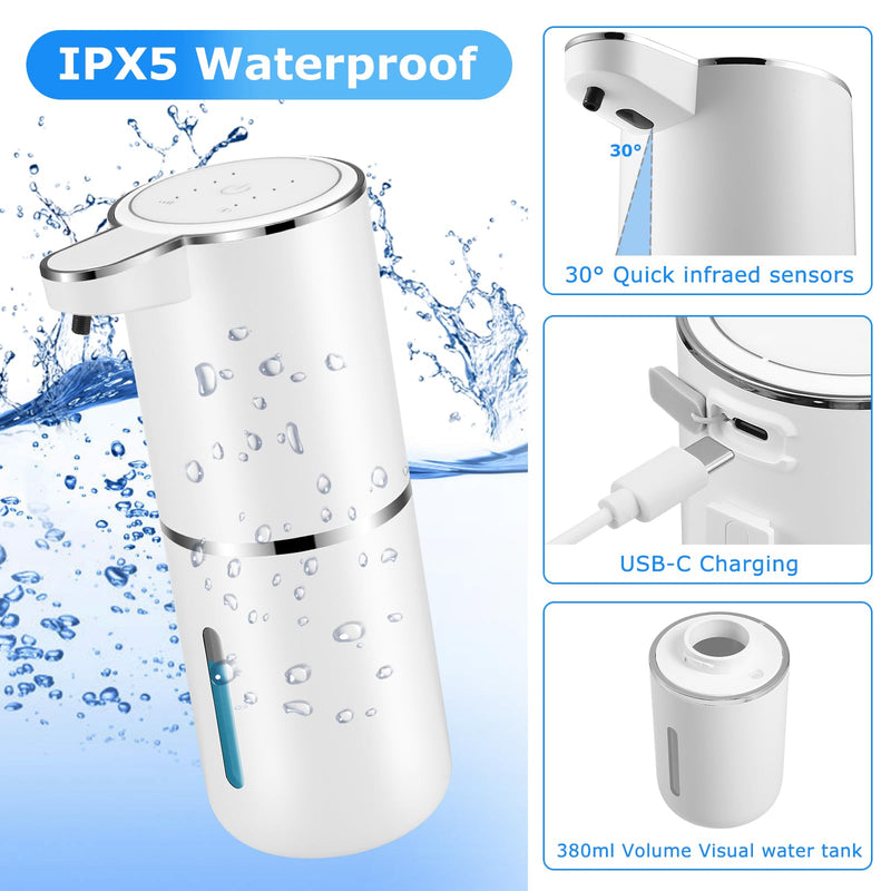 2 Pack Automatic Soap Dispensers,12.8oz/380ml USB Touchless Automatic Foaming Soap Dispenser,Rechargeabled Wall Mounted Smart Soap Dispenser for Bathroom Kitchen Dish Soap White Foam x2