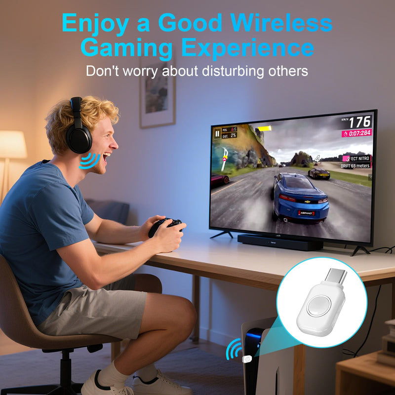 ZIOCOM USB-C Bluetooth Adapter for PS5, Bluetooth 5.3 Dongle with APTX Low Latency & aptX-Adaptive, Wireless Audio Transmitter for Headphones & Earbuds, Not for Keyboard/Mouse/TV(White) White