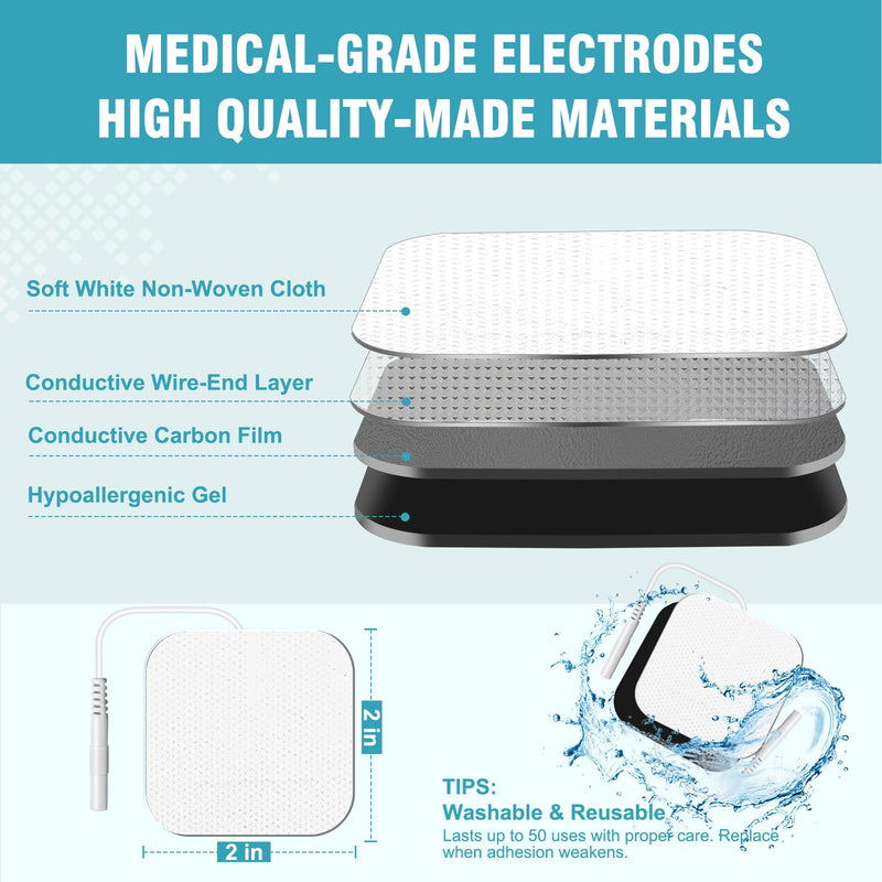 72PCS TENS Unit Pads (2"x2"), Reusable Self-Adhesive Electrodes Pads with 0.2mm Connector, Latex-Free, Hypoallergenic & Compatible with TENS/EMS 72PCS