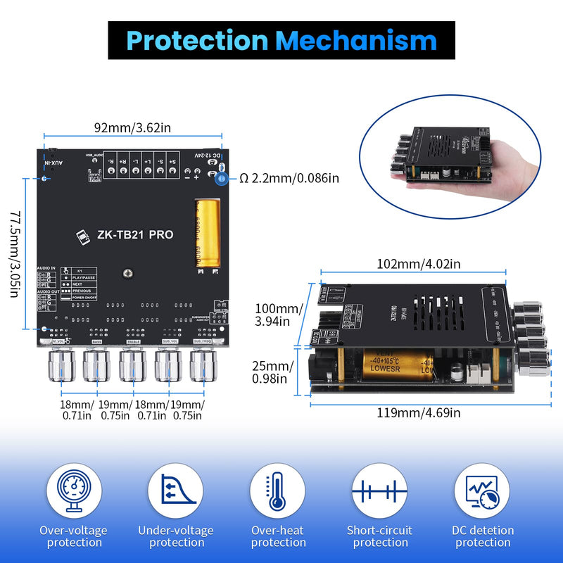 Bluetooth Audio Amplifier Board, ZK-TB21PRO 2.1CH 50W×2+145W Subwoofer Amp | with USB Lossless Decoding, SOP8/DIP8 Dual Package, Mic & Subwoofer Expansion Ports, Enhanced Heat Sink