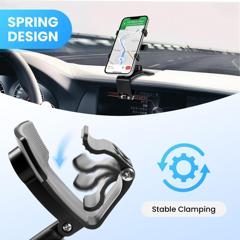 Car Phone Holder Mount Dashboard Rearview Mirror Sun Visor 360 Degree Rotation Multifunctional Adjustable Spring Clip Car Universal Phone Mount for 4-7 inch Cellphone