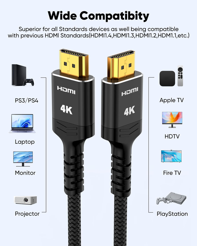 Highwings 4K Long HDMI Cable 50FT/15M, High Speed 18Gbps 2.0 Braided Cord-Supports (1080P 30Hz) HDR,Video Ultra HD 1080p 3D HDCP 2.2 ARC-Compatible with PS4/3 /HDTV/PS5/Blu-ray 50 feet 4K@UHD-1 Pack Black