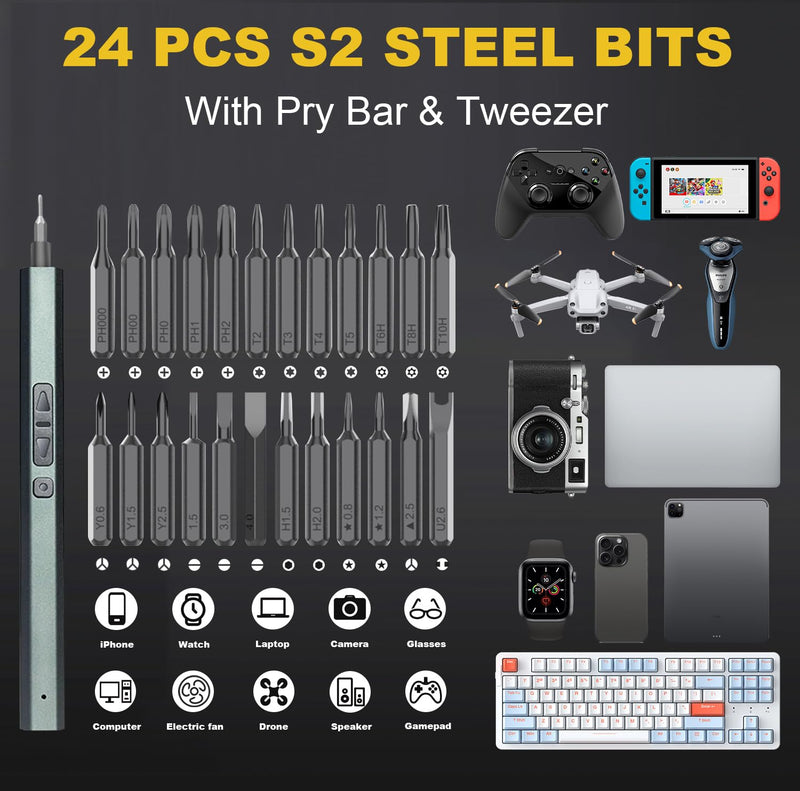 Mini Electric Screwdriver, 30 in 1 Small Electric Screw Driver Kit with 24 Magnetic Bits,3 LED Lights， Precision Cordless Repair Tool for Phone, Camera, Laptop, Watch Gray