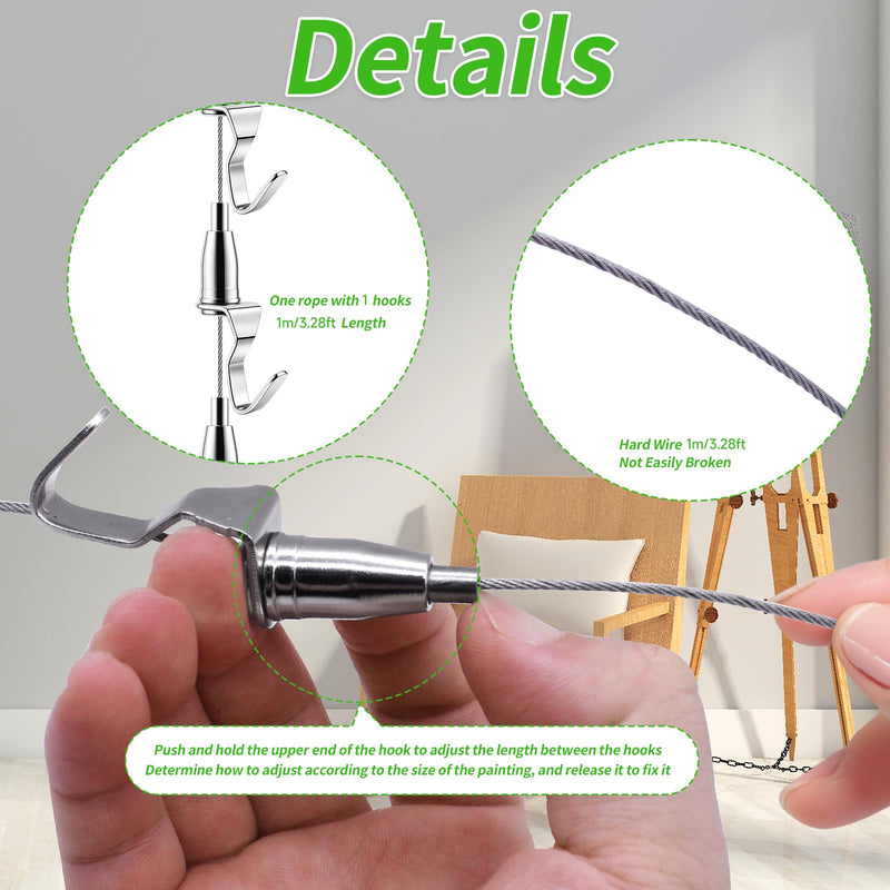 Adjustable Picture Hanging Wire Kit Picture Rail Hanging System Sturdy Gallery Display Rail Rope with Hooks for Exhibition Art Gallery Frames Display (3.28 FT, 1 Hook, 20) 3.28 FT, 1 Hook