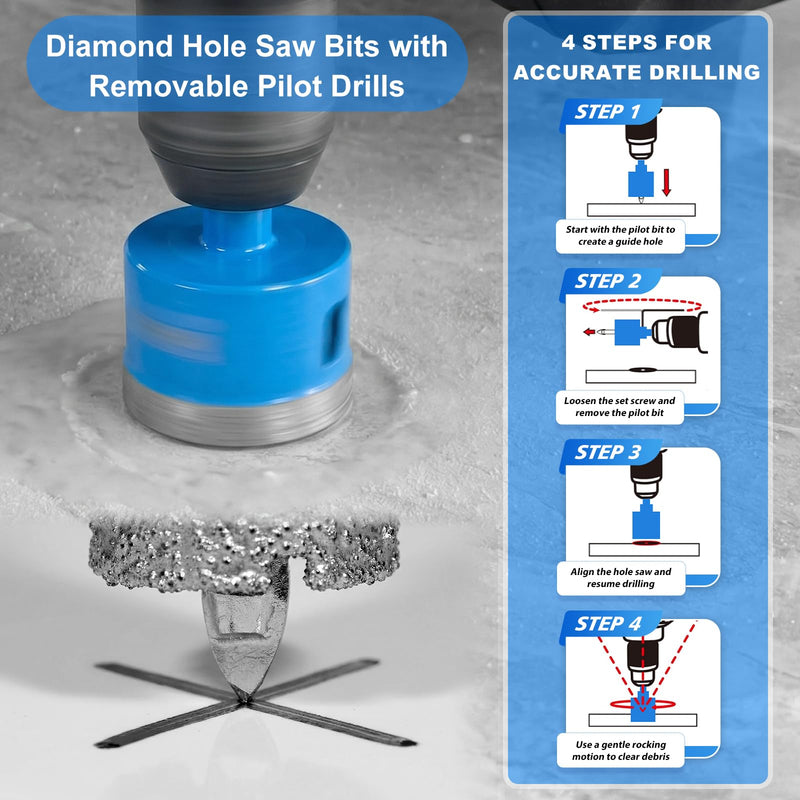 9-Piece Vacuum Brazed Diamond Hole Saw Kit with Pilot Bits | 6-50mm tile hole saw kit with pilot bits cuts clean holes wet or dry in tile, porcelain, ceramic, granite, marble and stone K7-6/8/10/12/20/25/32/35MM/2" 9