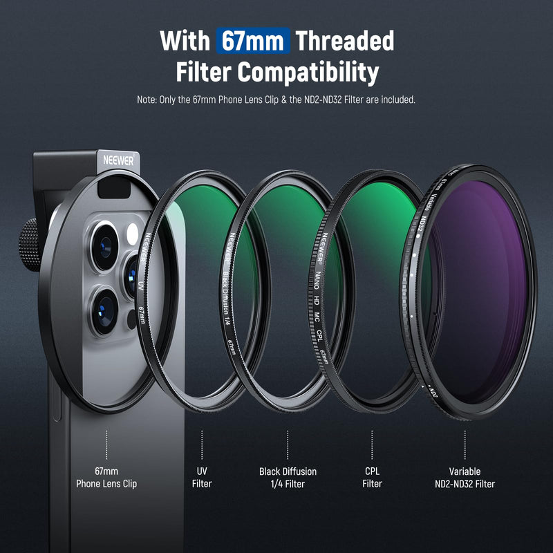 NEEWER 67mm Clip On Variable ND2-ND32 Phone Lens Filter Kit, Phone Clip with Threaded Adapter Ring/Cold Shoe/Locking Knob, HD Variable ND Filter for iPhone 15 Pro Max 14 13 Galaxy S22 S23 S24 Ultra