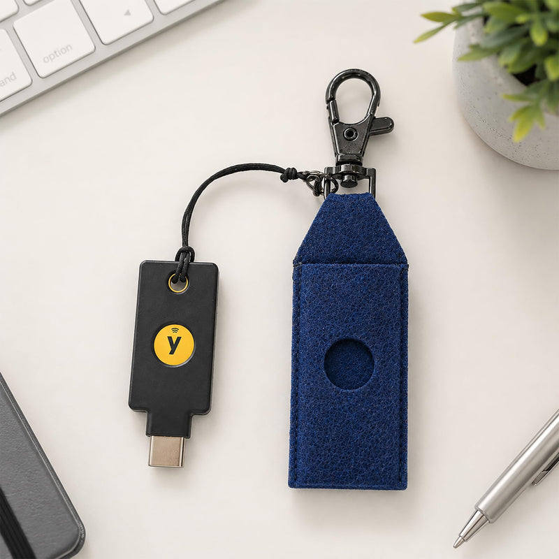 Felt Case for YubiKey, Keychain Holder,Compatible with YubiKey 5C NFC-5 NFC | YubiKey Felt Sleeve Case with Keychain Clip, Soft Felt, Navy Blue