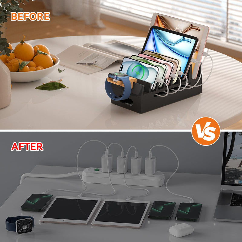 Pezin & Hulin Bamboo Charging Station with Watch Stand, Docking Holder for Multi Device with 5 Charge Cables, Desktop Dock Stations Electronic Organizer for Cellphone, Tablet, Watch-Black Black