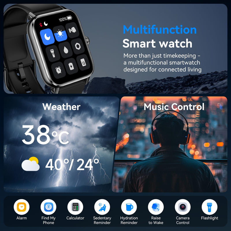 Smart Watches for Men Women with Alexa Built-in, Bluetooth Call, 1.85" HD Touchscreen, 120+ Sport Modes, IP68 Waterproof, 7-Day Battery, 24/7 Heart Rate & Sleep Monitor for Android iPhone (Black) Black