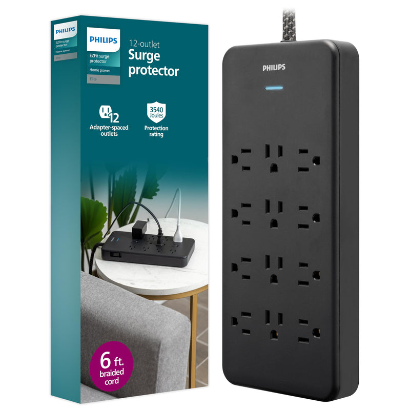 Philips 12-Outlet Surge Protector, 6ft Braided Extension Cord, 3500J, Adapter-Spaced, Outlet Extender Power Strip, Black - SPP3813B/37