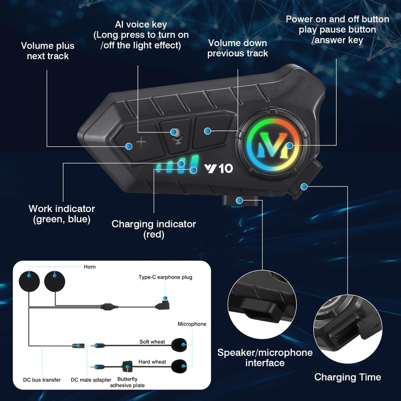 FEYA Motorcycle Helmet Speakers High Battery Life Helmet Headphone IPX6 Automatic Answer/Call Music Control/Intelligent Noise/Wake up Siri, 2 Different Types of Mic【Compatible with All Helmets】 Y10