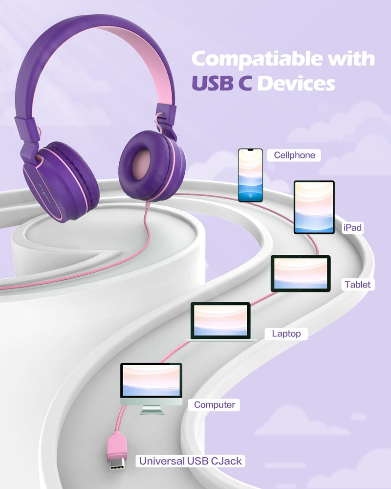 AILIHEN Upgrated USB C Headphones for Kids with Mic, Volume Limit 85dB/94dB | HD Stereo Sound, Foldable, Adjustable, Lightweight Type C Headphones for Gilrs/Toddler/School/Travel/Chromebook/Tablet/iPad Purple