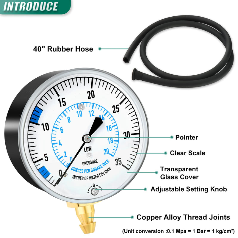 0-35" Natural Gas or LP Gas Manifold Pressure Test Kit, 1/8" NPT Fitting, 40" Feet Hose, Hex Bushing and Barbed Connection, for Kitchen and Industrial Equipment 0-35" W.C