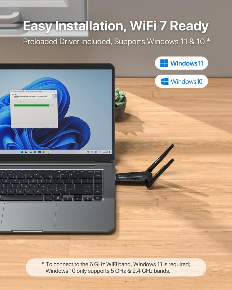 BrosTrend BE6500 USB WiFi 7 Adapter, Tri-Band Long Range USB WiFi Adapter for Desktop PC Laptop, Wireless Dongle 6GHz + 5GHz + 2.4G, Ultra-Low Latency Wi-Fi Antenna PC Gaming for Windows 11/10, 4K-QAM