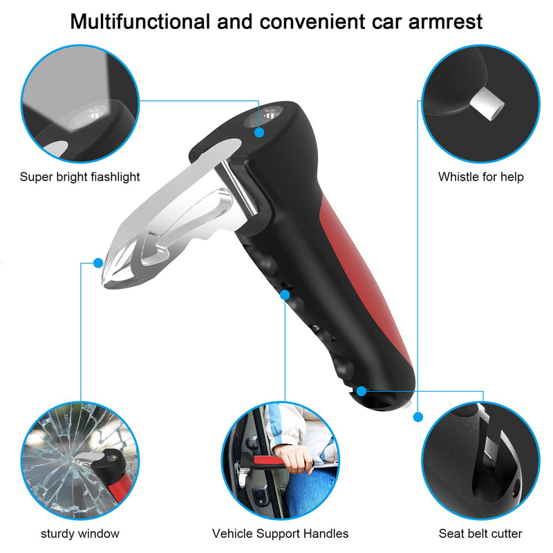 Versatility Auto Cane Vehicle Support Handle for Elderly and Handicapped Portable Automotive Door Assist Handles with LED Light, Seatbelt Cutter, and Window Breaker Red Old