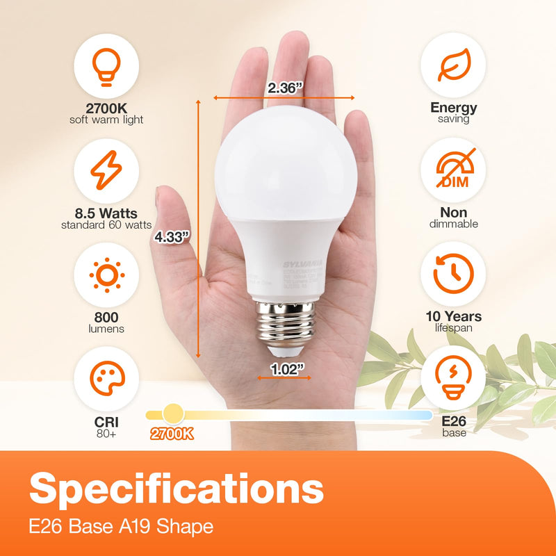 Sylvania LED A19 Light Bulb, 60W Equivalent, Efficient 8.5W, 10 Year, 2700K, 800 Lumens, Frosted, Soft White (74765), Packaging May Vary (Pack of 1, 24 Count Total) 24 Count (Pack of 1) 24 Pack
