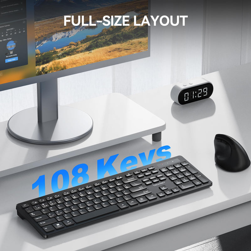 TECKNET Wireless Keyboards Full Size, Bluetooth+2.4G USB for Windows, Black | External Cordless Computer Keyboard with Number Pad, Multi Device for PC, Desktop, Laptop, Chromebook, AAA Battery Operated