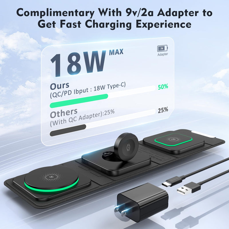 Wireless Charger for iPhone - 3 in 1 Charging Station for Apple Multiple Devices, Foldable Magnetic Mag-Safe Travel Charging Pad for iPhone 15 14 13 12 Pro Max Plus iwatch Watch & Airpods Black