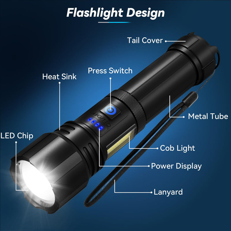Flashlight Rechargeable Flashlights High Lumens, 99,000 LM Bright LED Flashlight Powered Flash Light, USB Rechargeable Flashlights & Waterproof Handheld Flash lights for Home Camping Hiking(2 Pack) Small