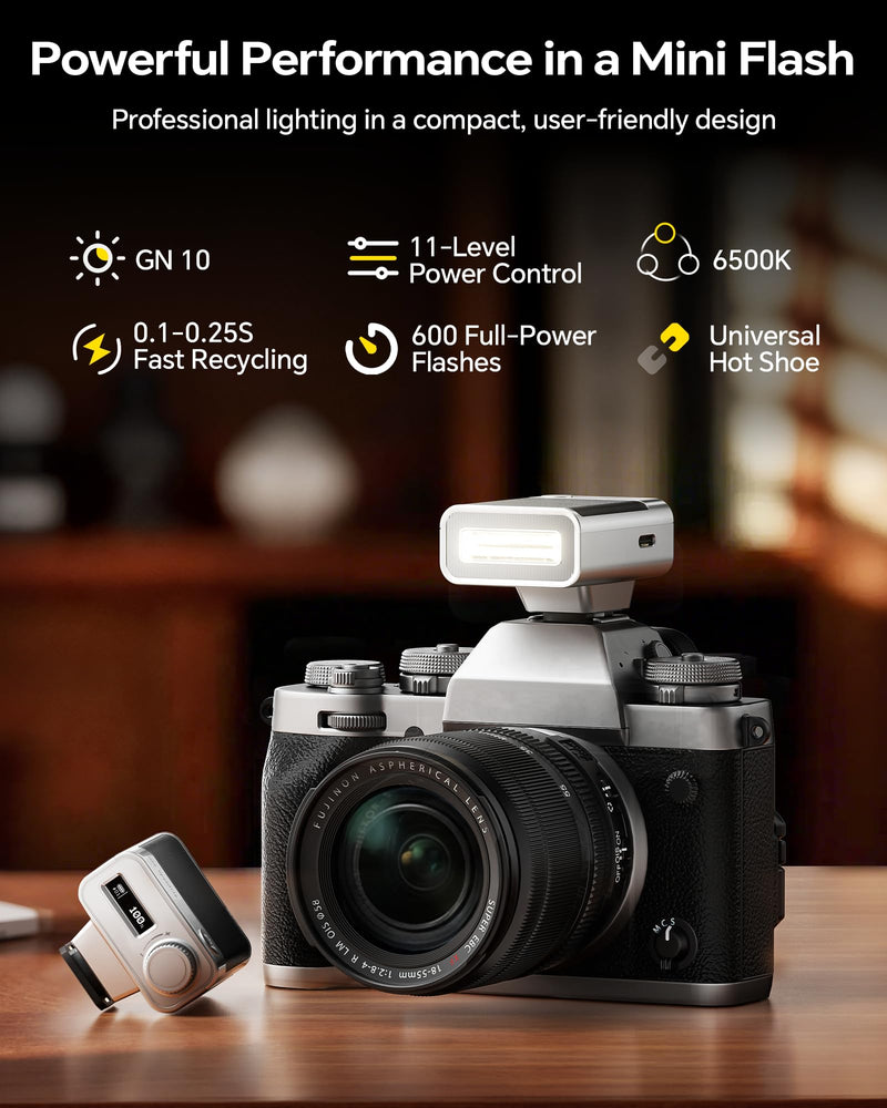 PHOTOOLEX G02 Mini Camera Flash GN10 45g USB-C Speedlite | Universal hot shoe. GN10 output. 6500K daylight color. 0.1s recycle. 45g pocket flash with USB-C fast charging