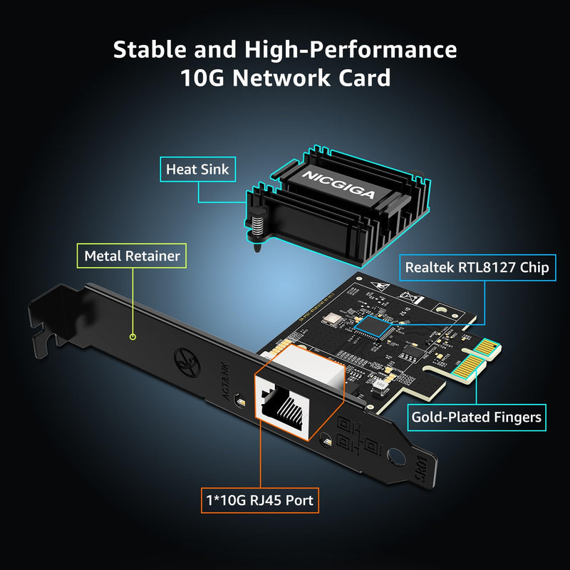 NICGIGA 10Gb PCIe 4.0 x1 Network Card, Realtek RTL8127 Ethernet Adapter. | 10G/5G/2.5G/1G RJ45 Multi-Gigabit LAN NIC, Support Windows 10/11/Server, Linux, NAS, Low Profile Bracket 10G NIC-RTL8127