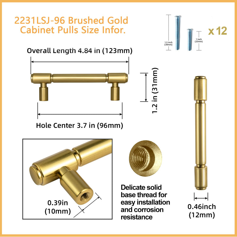Goo-Ki 6 Pack Brushed Gold Cabinet Pulls Zinc Alloy Dresser Handles - 3.78" c-c Modern Bar Cabinet Handles Drawer Pulls Solid Kitchen Hardware 3.78"(96mm) Hole Center