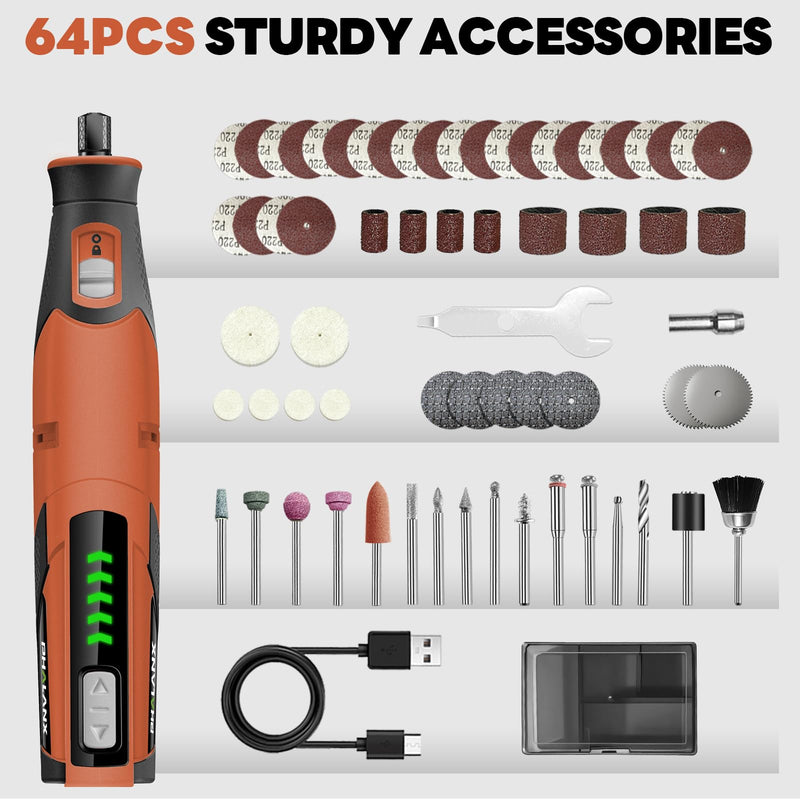 Rotary Tool - 4V Rotary Tool Cordless, Rotary Tool Accessories 64 PCS 2500mAh Battery, Preset 5 Speed Adjustment Grinder Tool for Cutting Sanding Carving Polishing Engraver DIY Crafts (Orange) Orange
