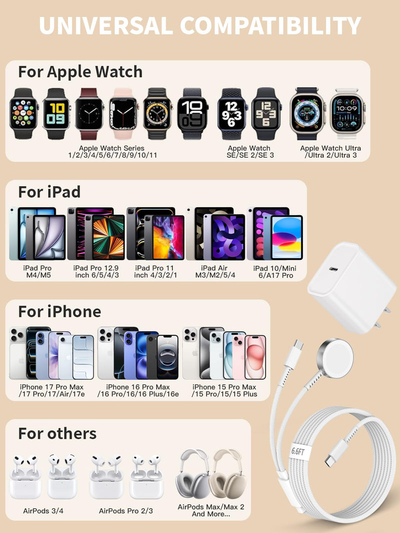Apple Watch Charger,[MFi Certified] 2 in 1 20W iPhone Watch Charger USB C Block Cube Fast Charging 6.6FT Wireless Charger Cable Cord for iWatch 11/10/9/8/7/6/5/4/3/2/1/SE/Ultra,iPhone 17/16/15 Pro Max