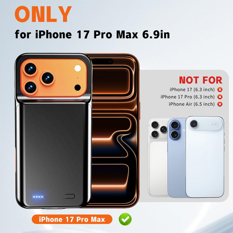 13800mAh High Capacity Battery Case for iPhone 17 Pro Max (6.9 inch) | 2026 Upgraded Battery Pack Rechargeable Charger External Charging Case with Tempered Glass Screen Protector Black