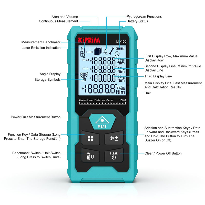 Kiprim Green Laser Distance Meter, 328ft Measuring Tool with USB Type-C Rechargeable Battery, ±1/16" Accuracy, Electronic Level, 10 Modes, Class II Laser, Reflector Plate LD100