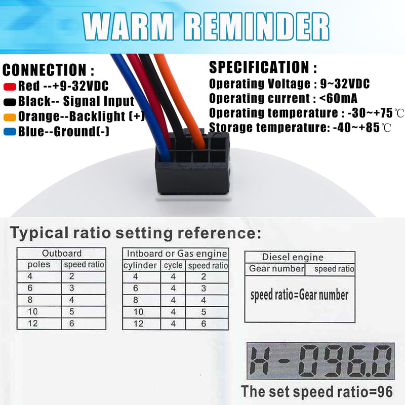 Geloo 85MM Marine Tachometer Outboard Waterproof 6000RPM Boat RPM Tacho Meter with LCD Digital Hour Meter Red Backlight for Car Truck Diesel Engine 9-32V Black