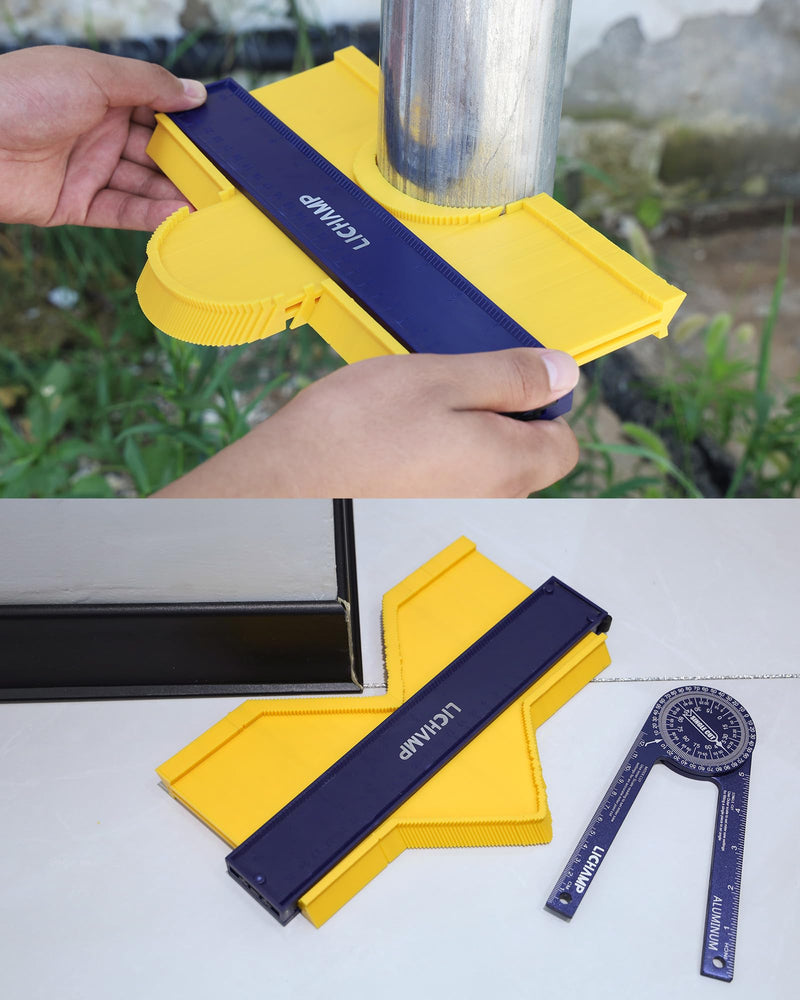 Lichamp Contour Gauge Profile Tool 5" 10" with Miter Saw Protractor Angle Finder 7", Super Gauge Shape and Outline Tool with Aluminum Miter Cut Protractor