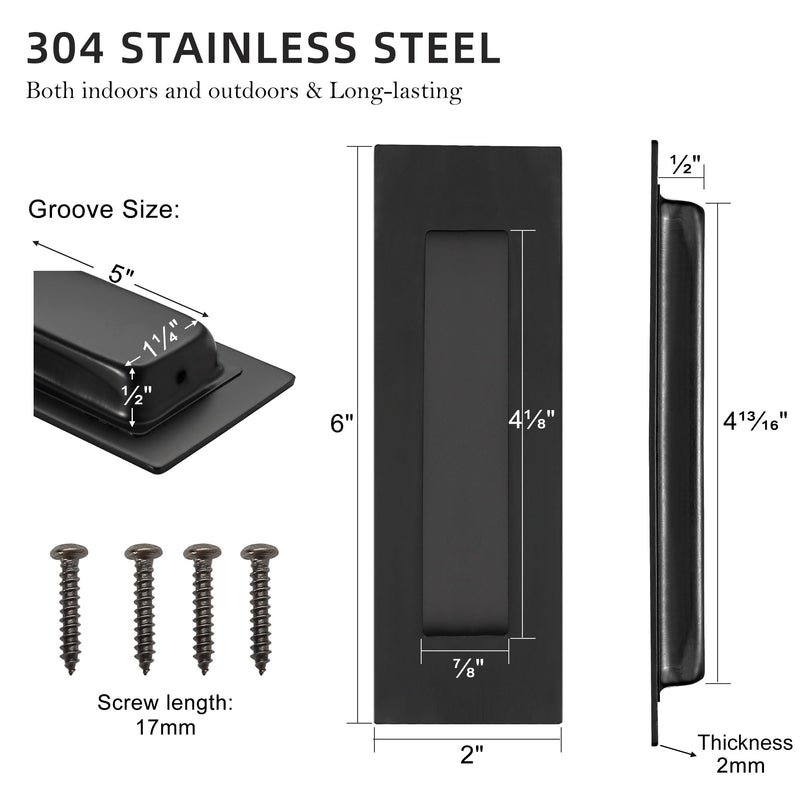 6 Inch Recessed Pocket Door Pull, Stainless Steel Rectangular Finger Flush Puls for Sliding Closet Door, Barn Door Handle Rectangular Hardware (Matte Black, 4 Pack) 6 Inch Matte Black (4 Pack)