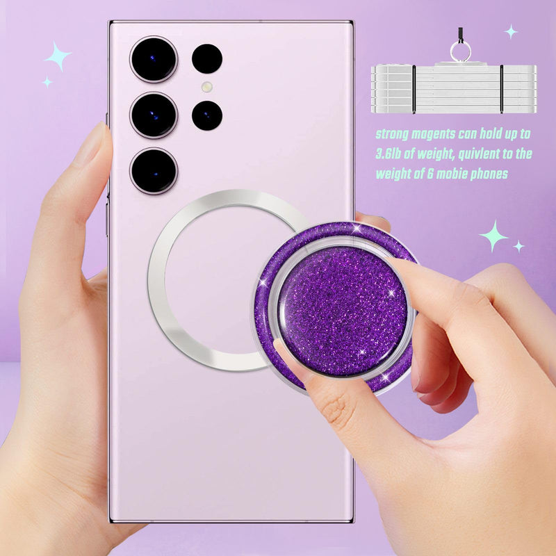 Magnetic Glitter Phone Holder Compatible with Phones, Foldable Phone Grip Stand for Magsafe Smartphones, Tablet,Phone Case - Transparent Purple Sparkly