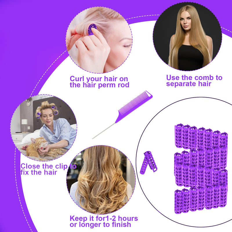 28 Pcs Small Size Plastic Hair Rollers, 0.6 Inch Hair Rollers for Women with Steel Rat-tail Comb, Heatless Snap on Roller for Hairs, Short Thin Fine Hairstyling Tools (Purple)
