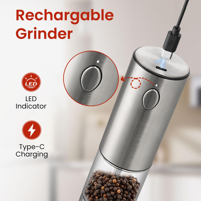Electric Salt and Pepper Grinder Rechargeable with Light, Electric Salt and Pepper Shakers, Automatic & Adjustable Coarseness, Kitchen Gadgets, Stainless Steel Silver