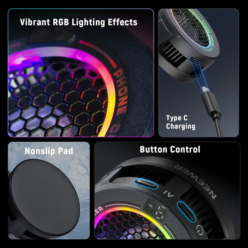 NEEWER BASICS Magnetic Phone Cooler, Low Noise USB Cooling Fan, PA069 | Smart Temp Control, RGB Light, Magnetic Ring & Clip, Compatible with iPhone 15 16 17 MagSafe Samsung iPad, for Gaming