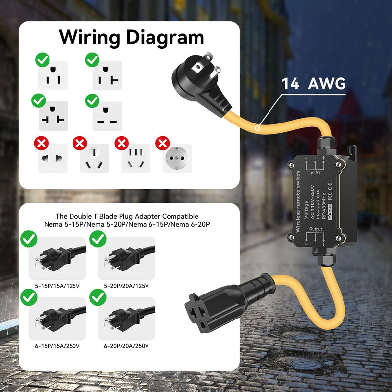 AC110-250V 20A Waterproof Remote Control Switch Socket Suit,164ft Remote Control,Outdoor Weatherproof Multi-Functional Socket Switch,Suitable for Vacuum Cleaners,Water Pumps,Lighting Fixtures