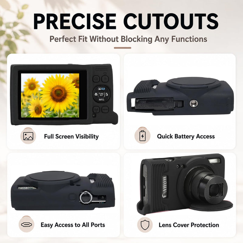 Case for Canon PowerShot ELPH 360/IXY 650 with 2 Screen Protector and 1 Charm Wrist Strap Accessories, Soft Silicone Digital Camera Protector Case with Lens Cover (Black) Black