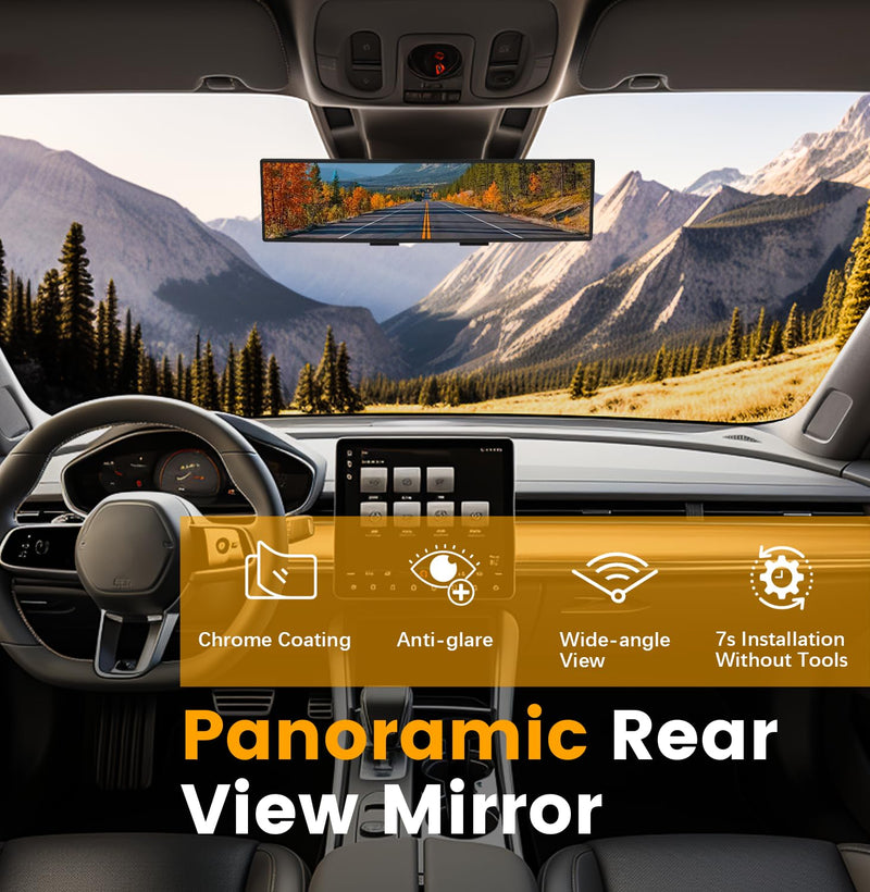 Rear View Mirror, Chrome Anti-glare Panoramic Rear Mirrors Universal 12 Inch Convex Car Interior Clip on Extra Big Wide Angle Rearview Mirror Extender to Reduce Blind Spot for Car SUV Trucks 1