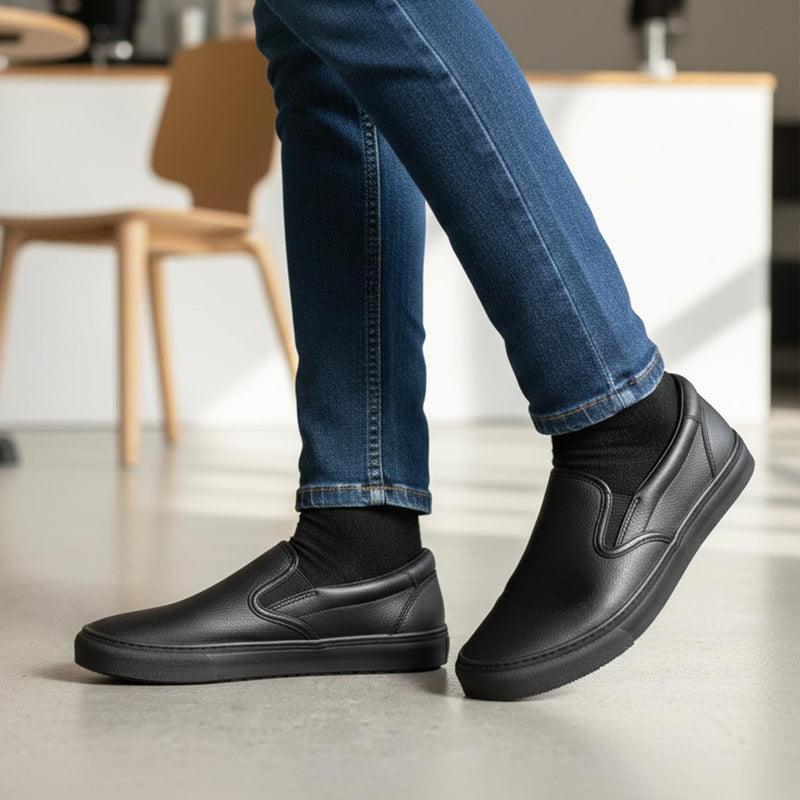 Women's Non-Slip Work Shoes, Waterproof Slip-Resistant (Oil & Water) Leather Sneakers for Food Service, Slip On Restaurant Server Shoes, Comfortable Nursing Shoes, Stain Resistant Chef Shoes for Kitchen 7.5 Black