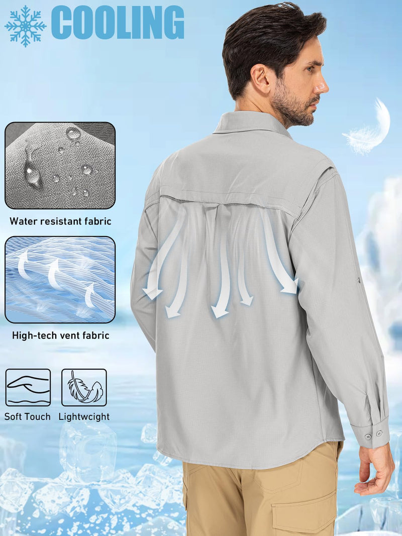 linlon Mens Safari Shirts Long Sleeve UV Protection Hiking Fishing UPF 50+ Quick Dry Cooling Camping Travel Shirts Medium Grey