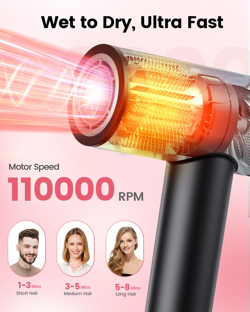 Dekuri Hair Dryer, 110,000 RPM High Speed Motor Hairdryer for Ultra-Fast Drying, 200M Ionic Care for Smooth & Shiny Hair, Lightweight with Magnetic Nozzle & Diffuser (Midnight Black) Midnight Black