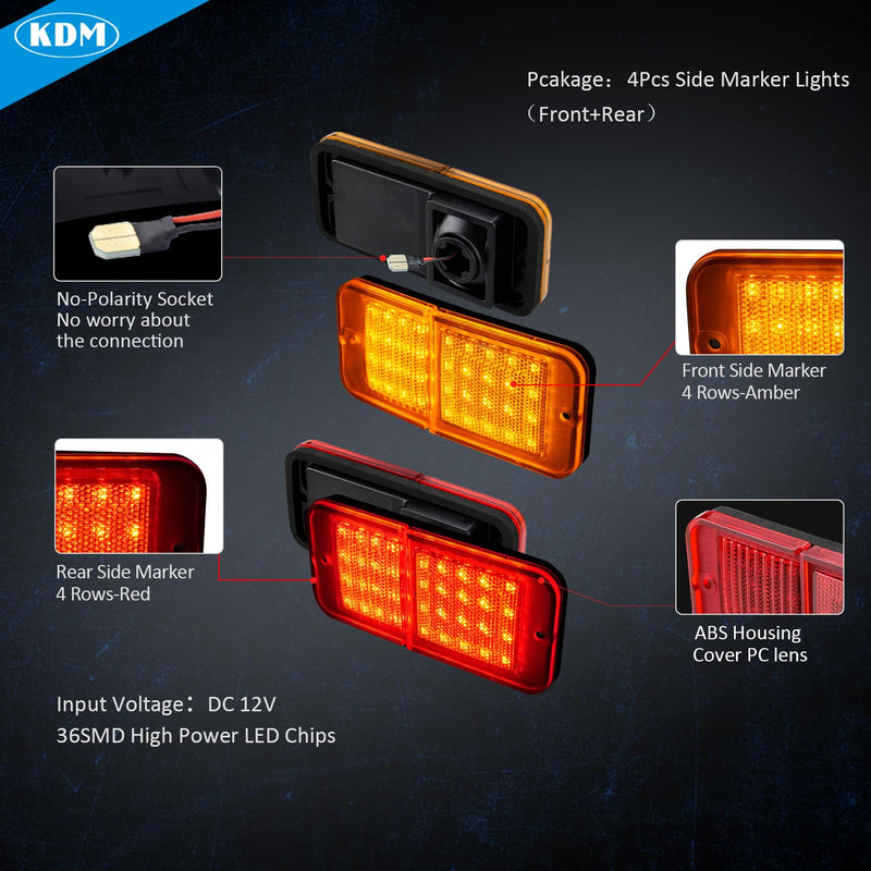 KDM LED Bumper Side Marker Reflectors Lights,Fit for 1968-1972 Chevy GMC C10 C20 C30 K10 K20 K30 C1500 C2500 C3500 K1500 K2500 K3500 Blazer,Front & Rear Side Marker Lights,Amber & Red Lens 4Pack Amber & Red Len