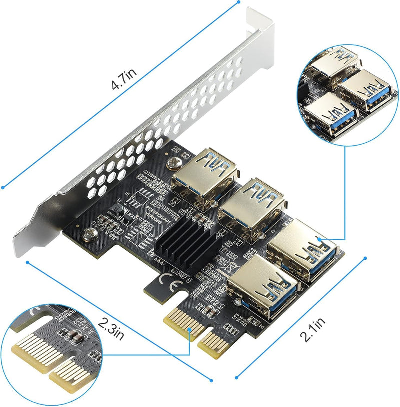 PCI-E 1-4 Riser Card, 16X Slots Riser Card Adapter, USB 3.0 Expansion Card, for DOS/Linux/WinXP/Win7 / Win8 / Win10 (No USB Cable)