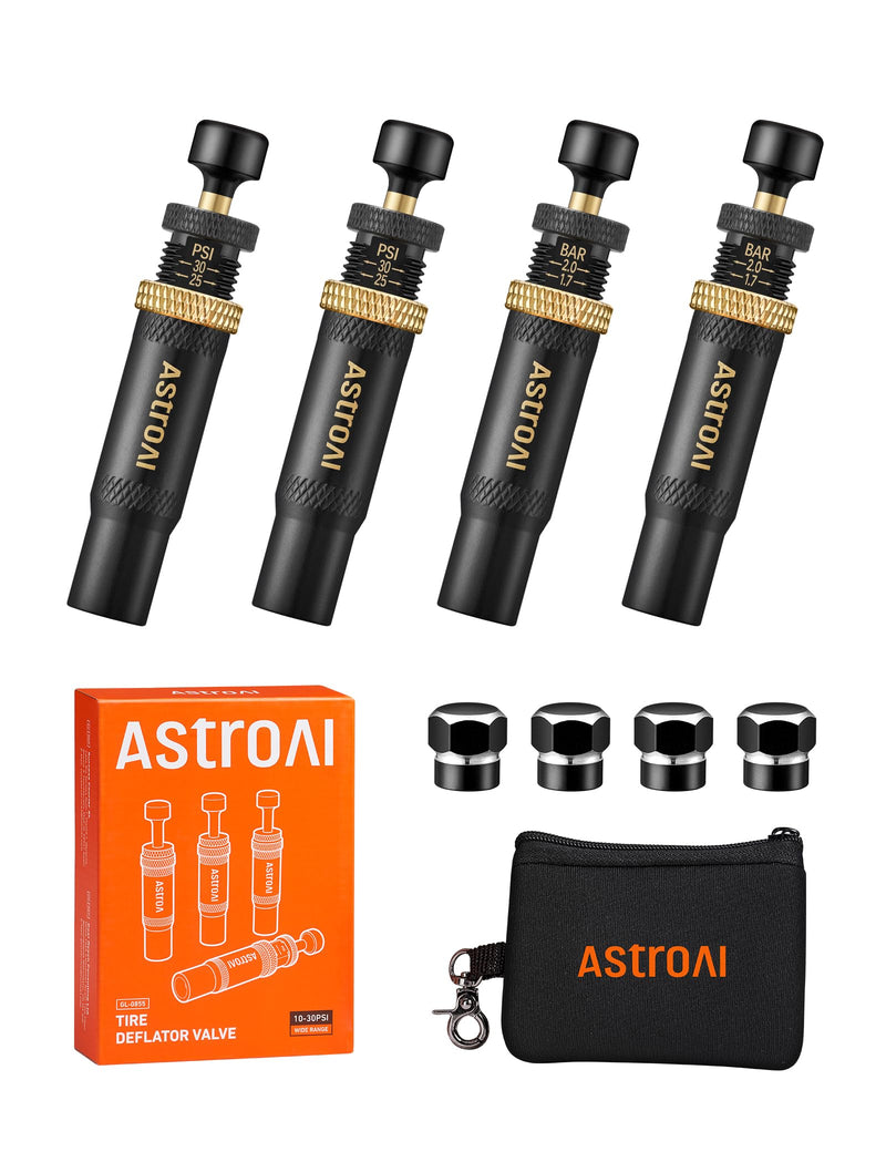 AstroAI Tire Deflator Kit 4-Pack, Automatic Anti-Corrosive Screw-On Air Down Tool Adjustable 10-30 PSI for Off-Road Vehicle SUV 4x4, Includes 4 Valve Caps Zipper Closure Bag