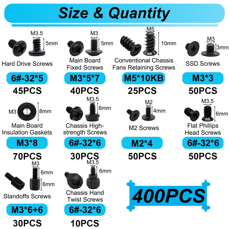 400Pcs Computer Screws Assortment Kit, Motherboard Standoffs Screws PC Screws for Universal Motherboard, SSD, Hard Drive, PC Case, PC Fan, for DIY PC Installation and Repair